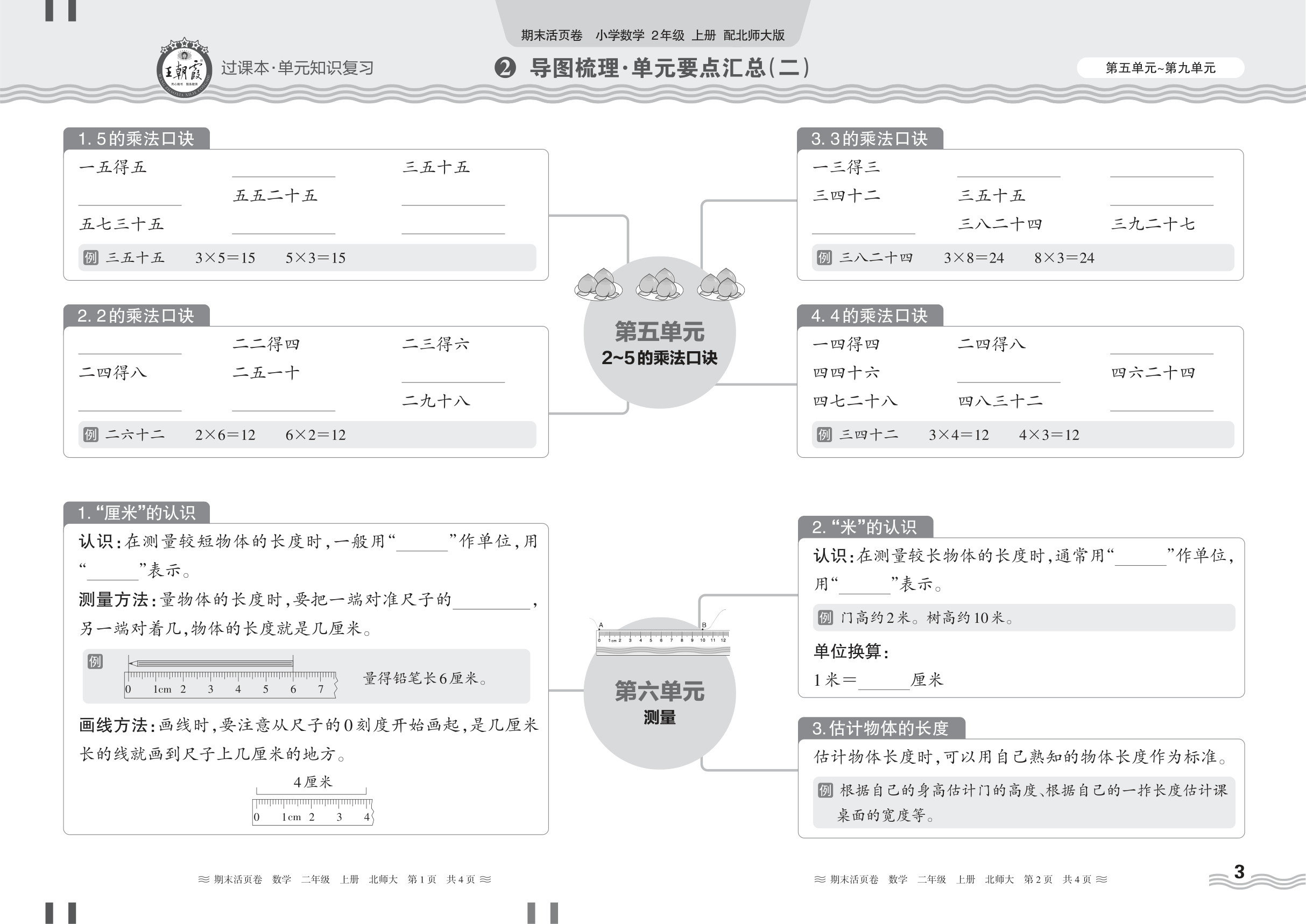 2024秋上册二年级数学北师版 期末过课本HY版·导图梳理·单元要点汇总(第五单元~第九单元)