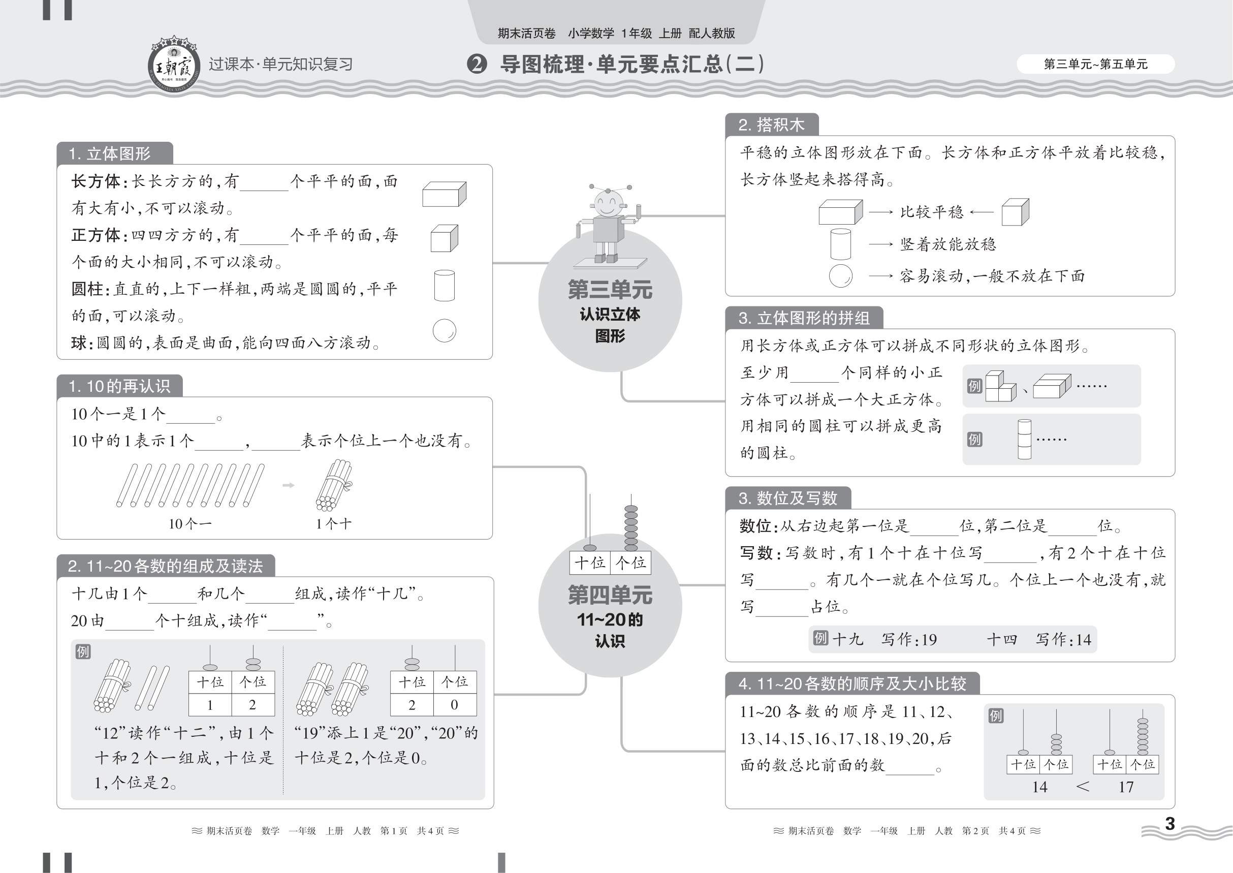 2024秋上册一年级数学人教版 期末过课本HY版·导图梳理·单元要点汇总(第三单元~第五单元)