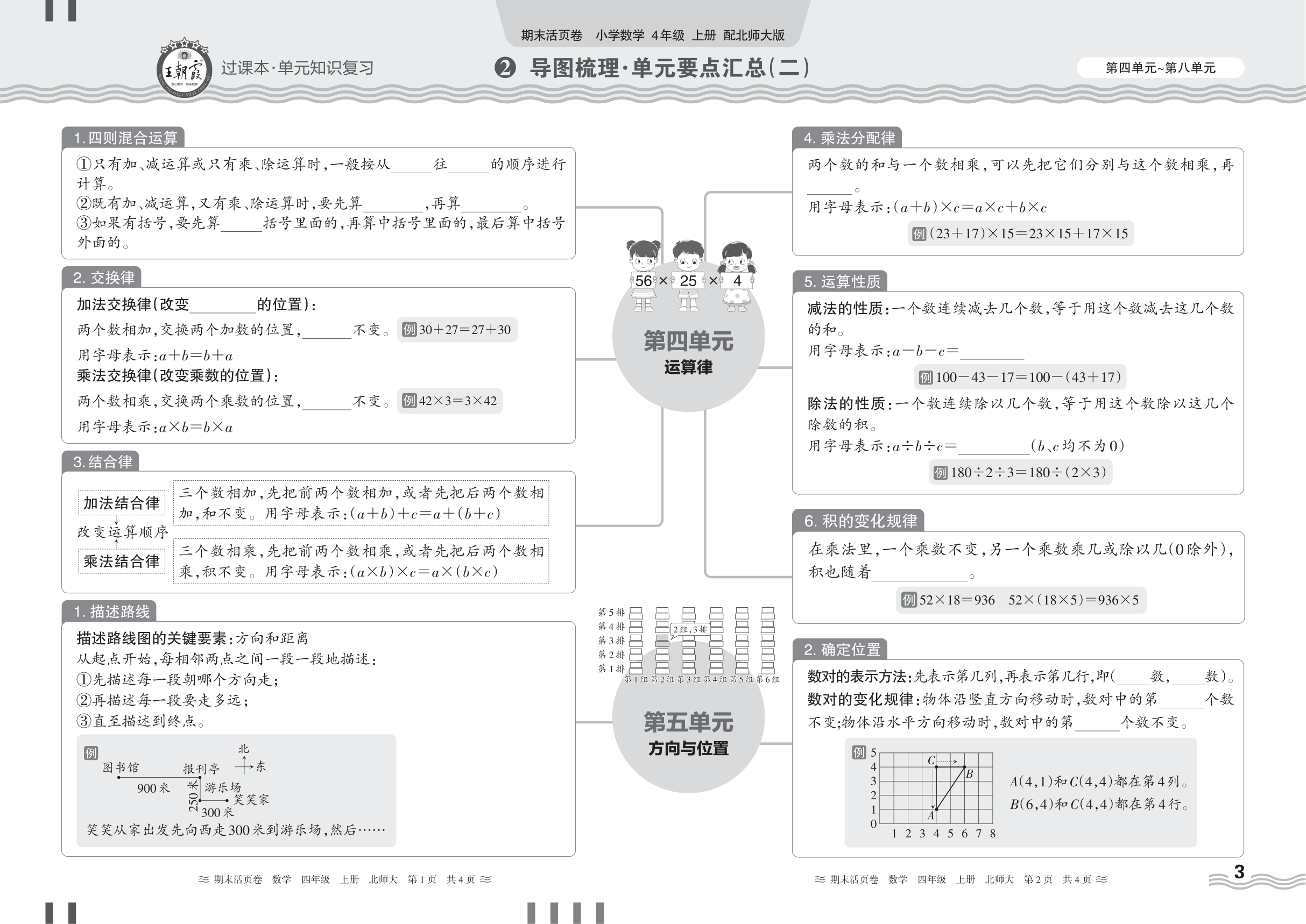 2024秋上册四年级数学北师版 期末过课本HY版·导图梳理·单元要点汇总(第四单元~第八单元)