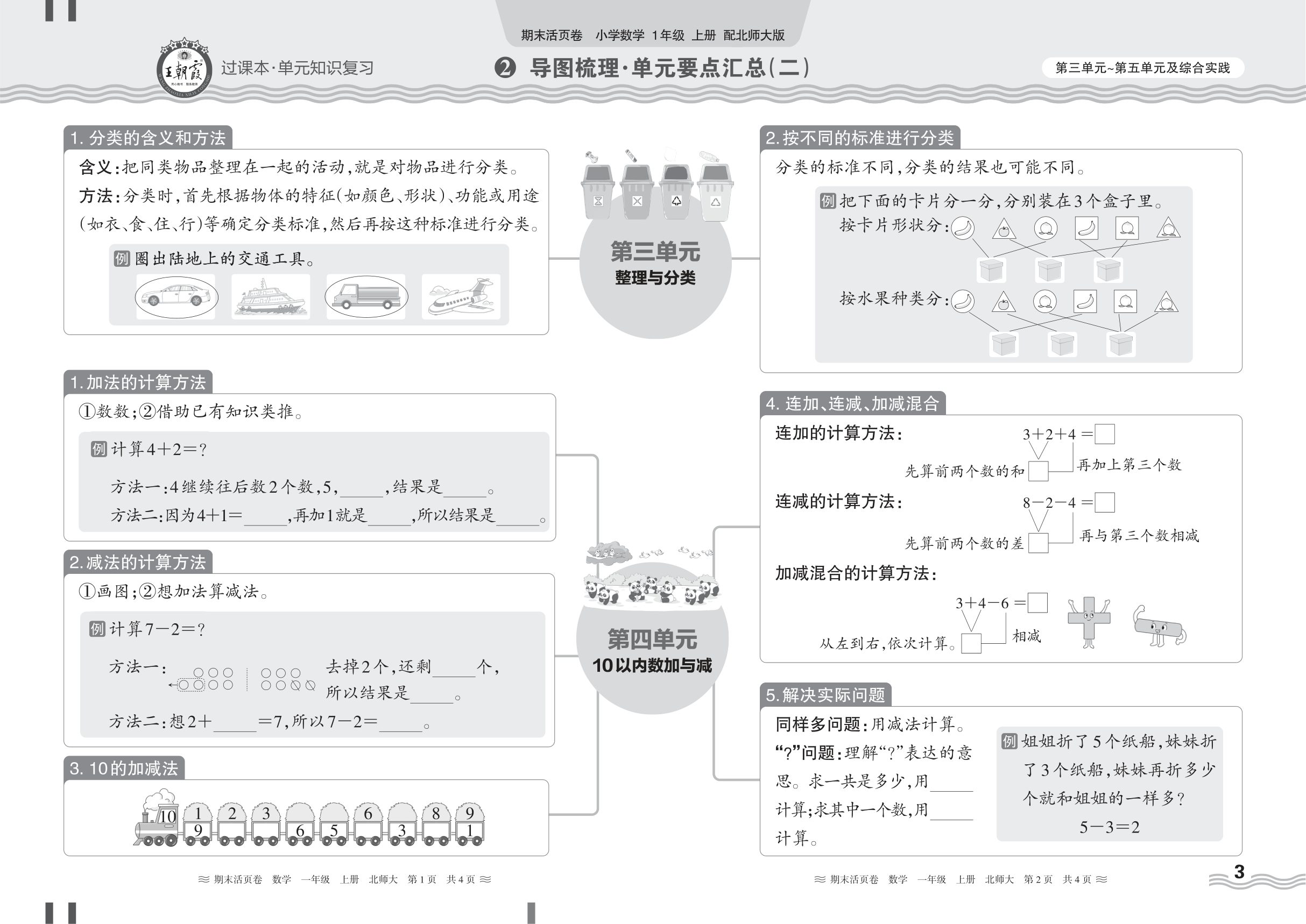 2024秋上册一年级数学北师版 期末过课本HY版·导图梳理·单元要点汇总(第三单元~第五单元及综合实践)