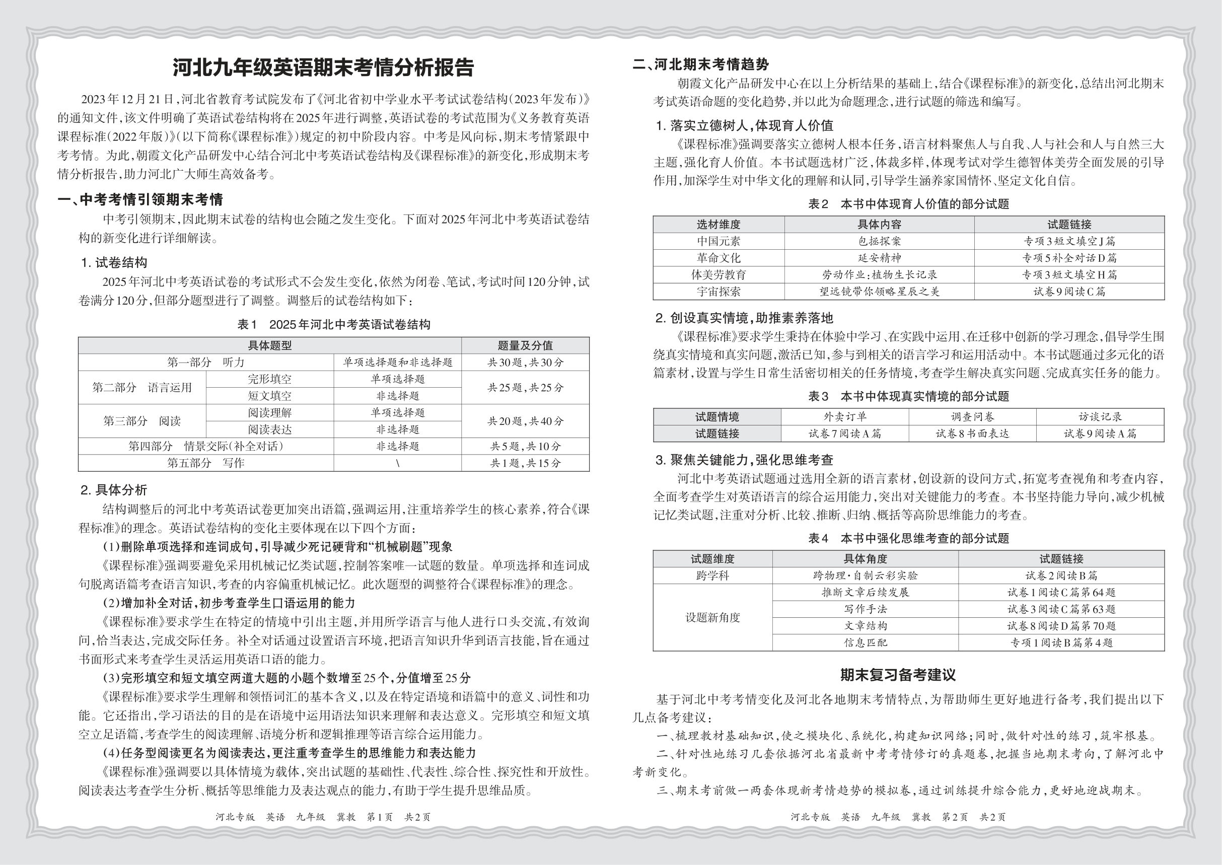 初中英语冀教版九年级期末考情分析报告(2024秋河北)