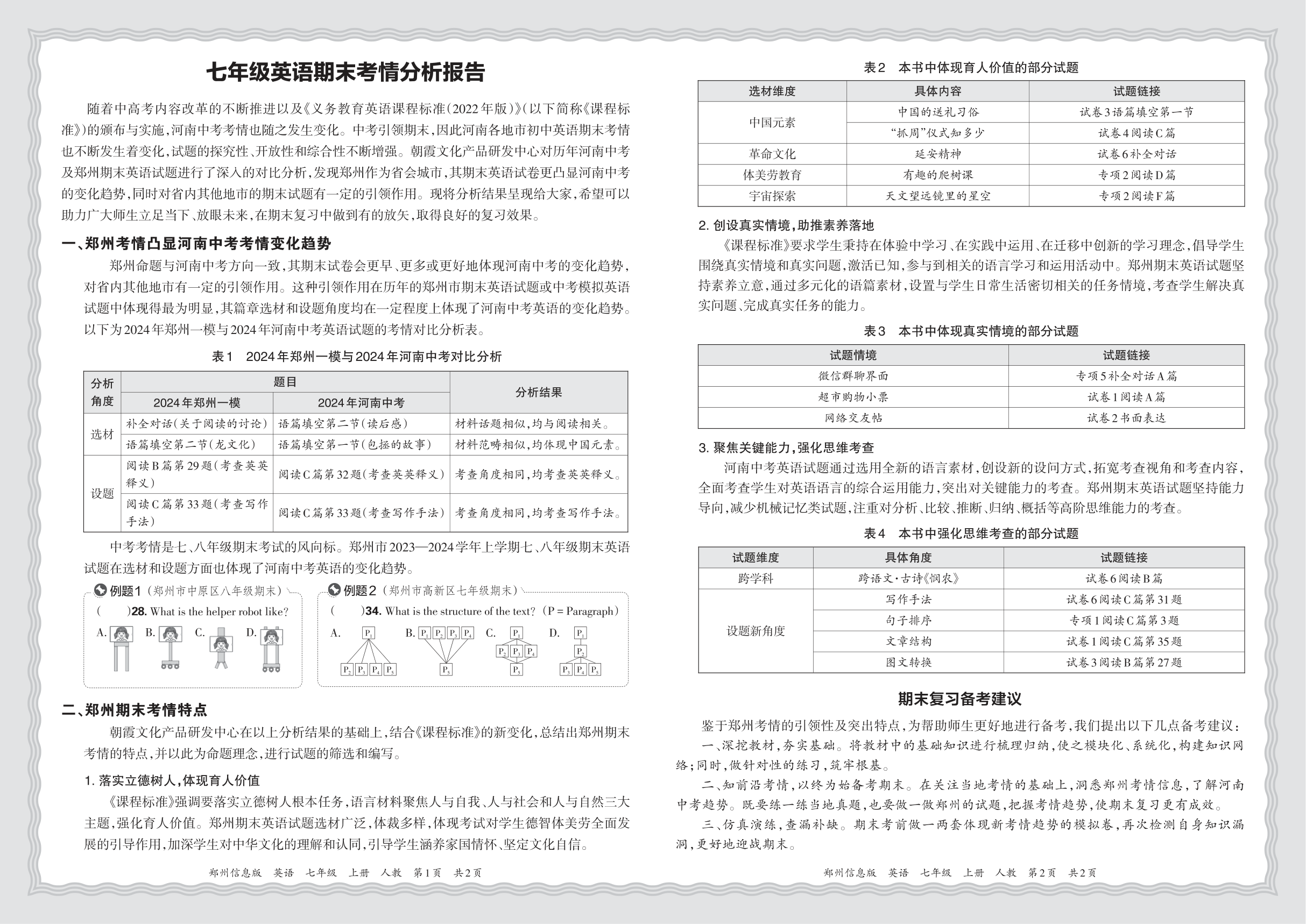 初中英语人教版七年级期末考情分析报告(2024秋郑州)
