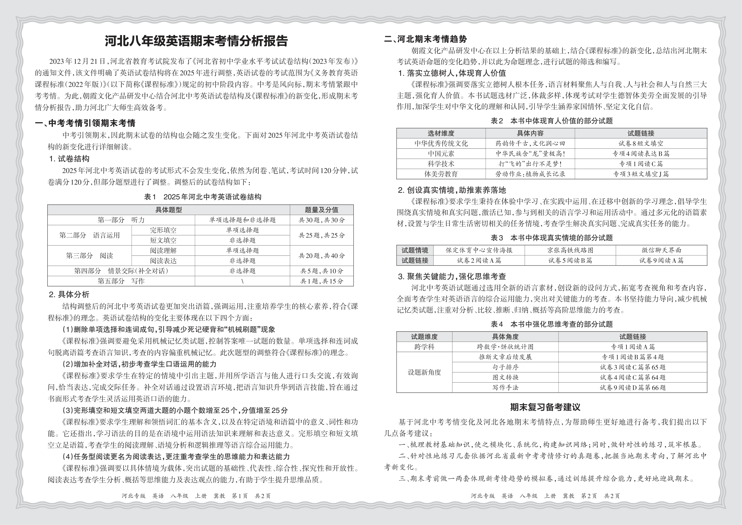 初中英语冀教版八年级期末考情分析报告(2024秋河北)