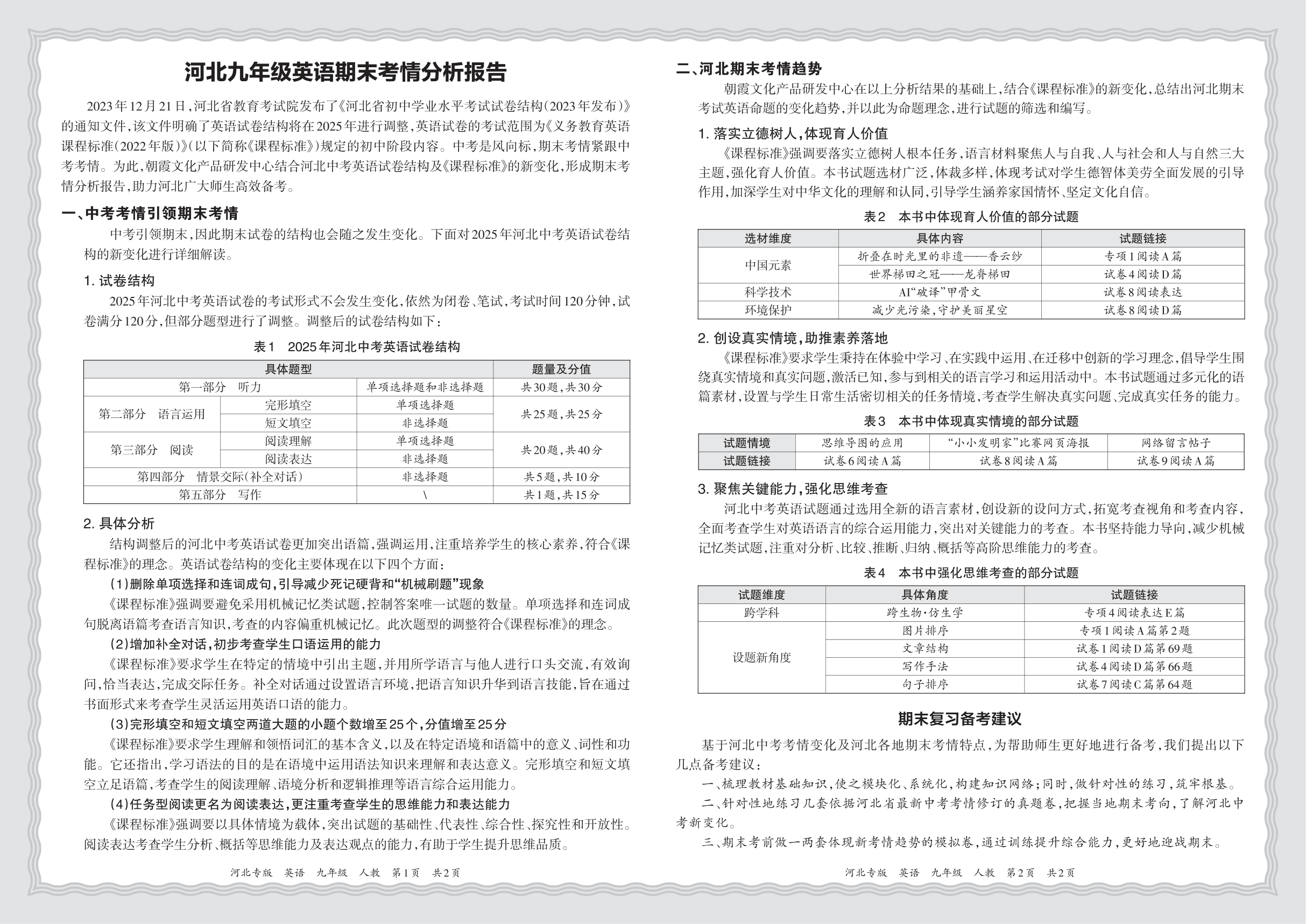 初中英语人教版九年级期末考情分析报告(2024秋河北)