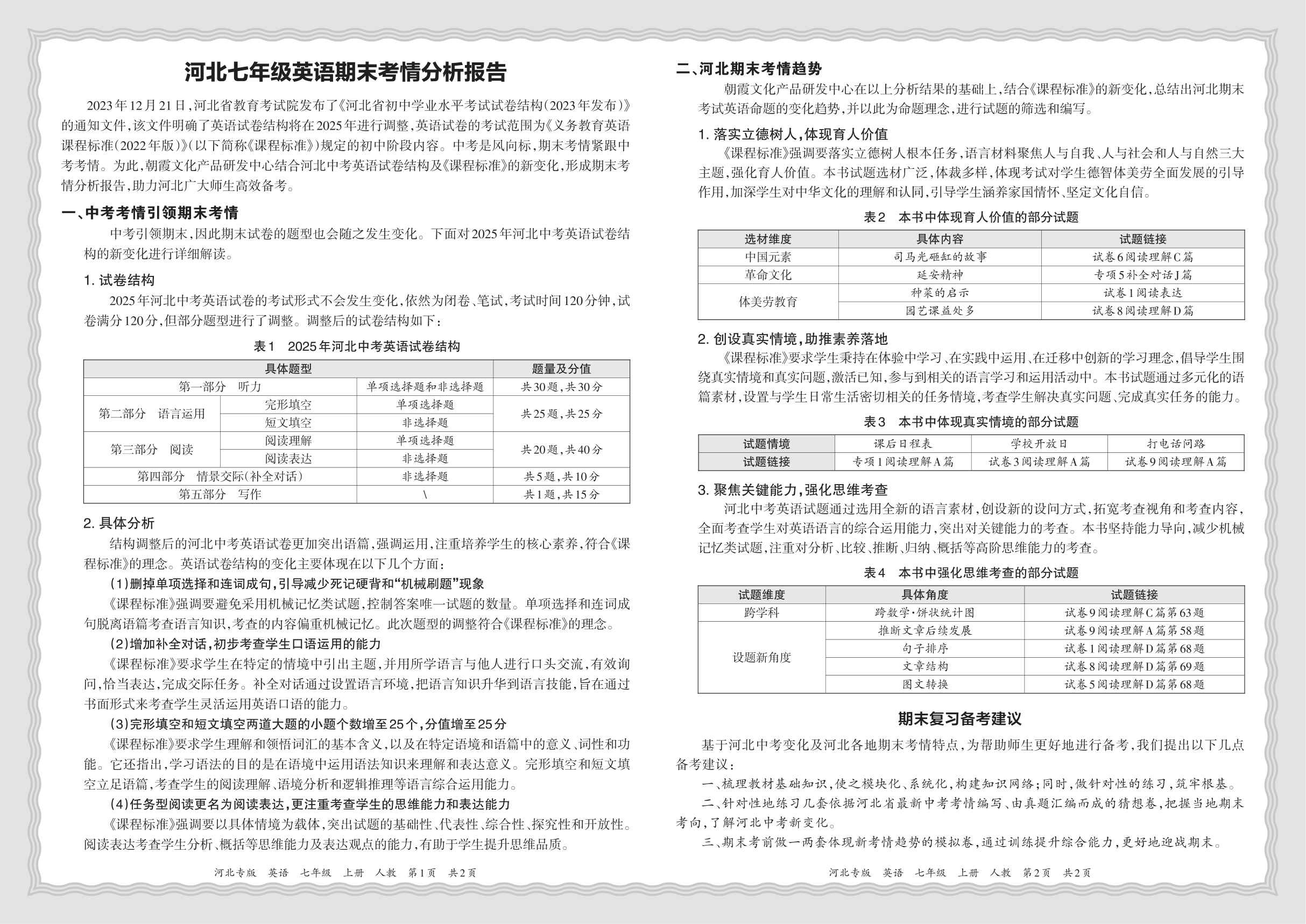 初中英语人教版七年级期末考情分析报告(2024秋河北)