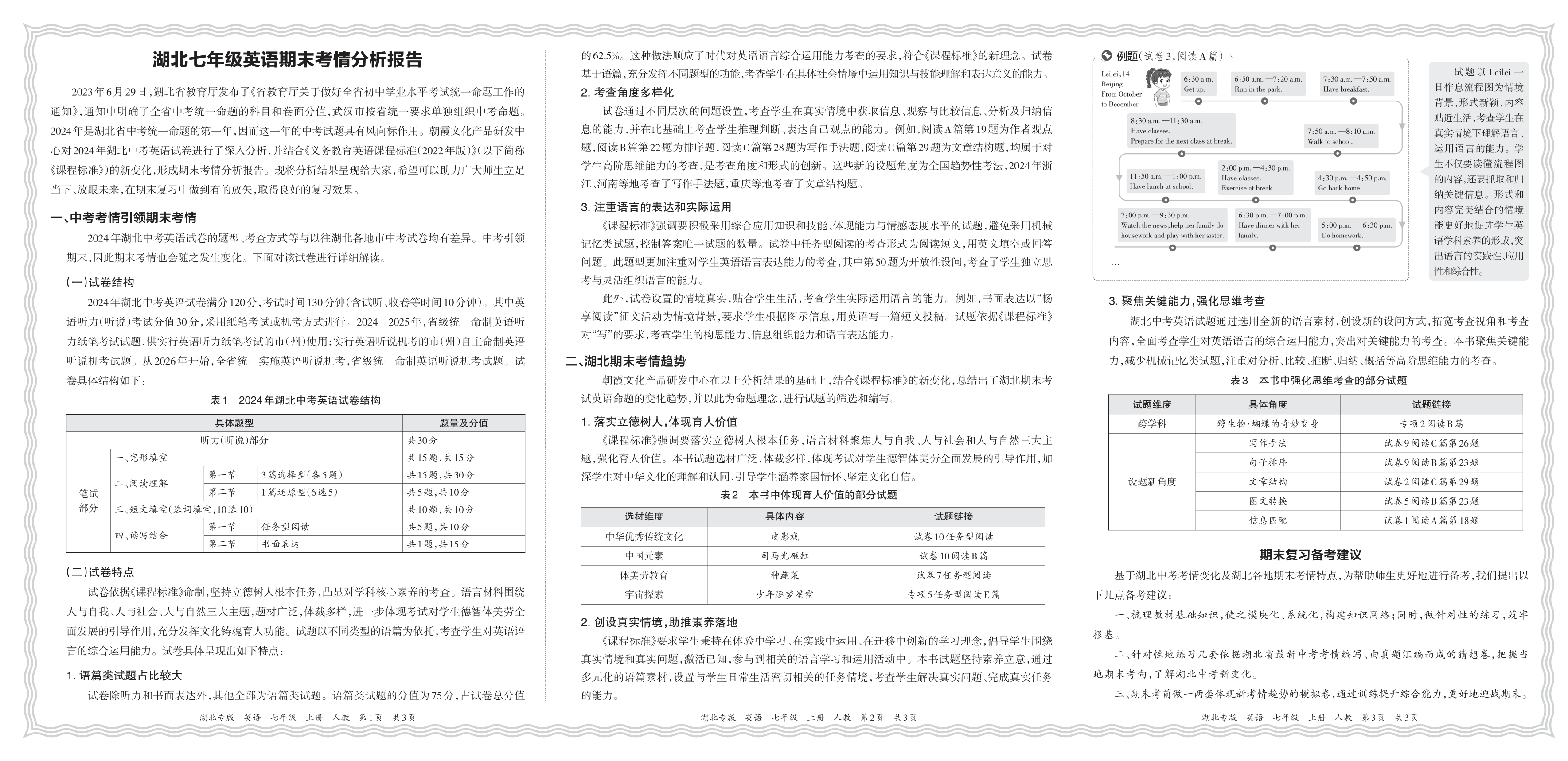初中英语人教版七年级期末考情分析报告(2024秋湖北)